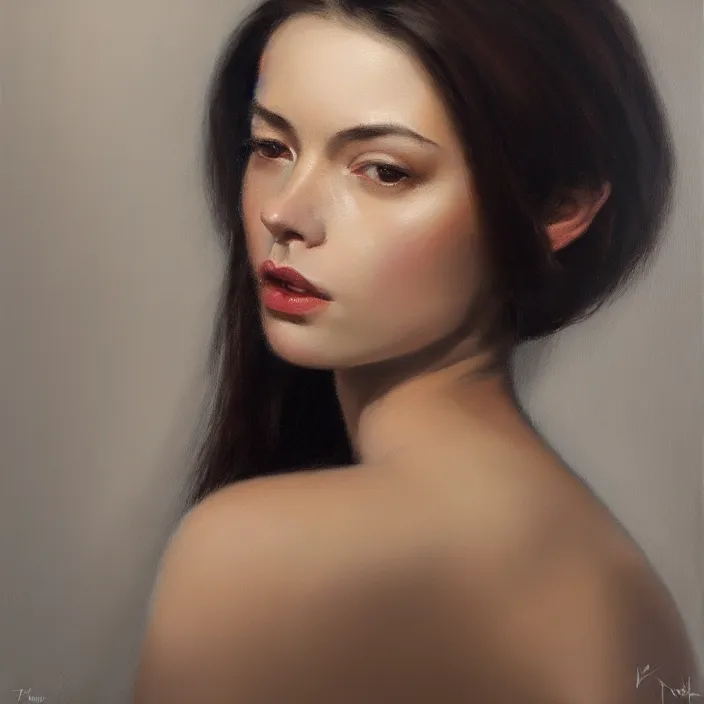 Prompt: alla prima portrait oil painting of young woman with lush dark hair and no makeup, dark beige grey background, lights and shadows, sensual, beautiful composition, hyperrealistic