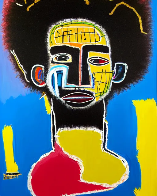 Image similar to A extremely ultra highly detailed majestic hi-res beautiful immaculate head and shoulders award winning painting stunning masterpiece of the face of a strong black african man with an afro by Jean-Michel Basquiat, 8k, high textures, ultra hyper sharp, insanely detailed and intricate, super detailed, 8k HDR ultra high quality