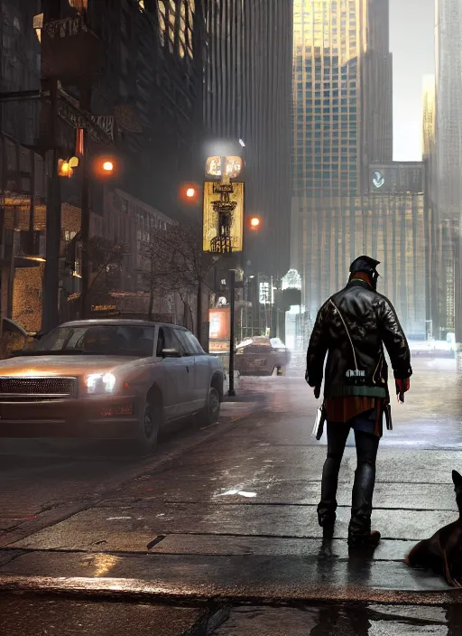 Image similar to watch dogs game, chicago city rainy detailed, a dog is sitting on the street, soft lighting