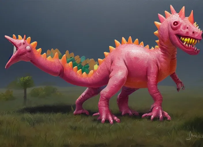 Prompt: concept design of cute candy dinosaurs, oil painting by jama jurabaev, extremely detailed, brush hard, artstation, for aaa game, high quality, brush stroke