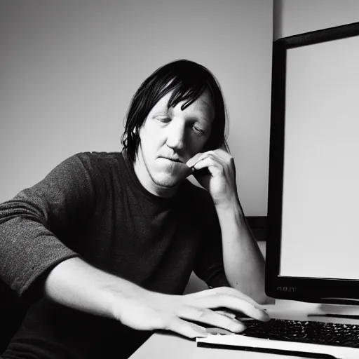 Image similar to elliott smith using a computer, ultra realistic, 8 k, photorealistic