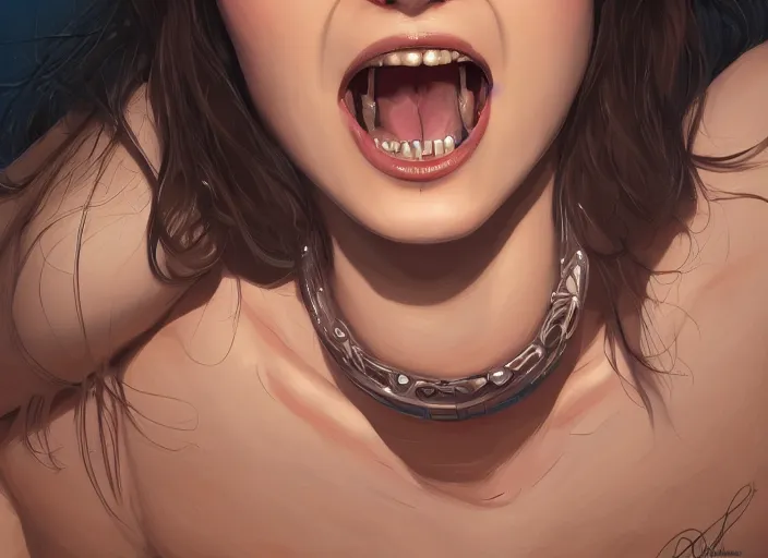 Prompt: wide open wife mouth, close - up, cry, defiant, pin - up, full lips, symmetrical teeth, light effect, hyper detailed, intricate, elegant, highly detailed, digital painting, artstation, concept art, matte, sharp focus, illustration, by dan mumford, yusuke murata, makoto shinkai, ross tran