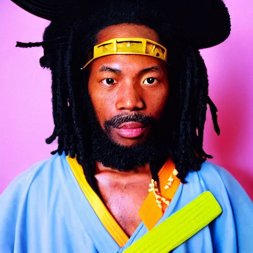 Image similar to A Jamaican samurai, Y2K, 35mm film, portrait, by Mariko Mori