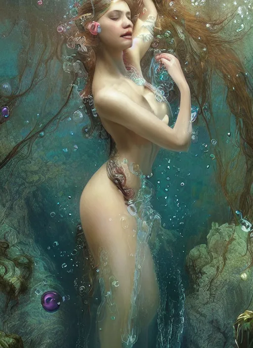 Image similar to hyper realist matte digital painting of a beautiful woman, beautiful face, underwater photography, full body, jugendstill, floating in water, flowing gown, bubbles rising, seaweed, headspace, fairytale, fantasy art, photo realistic, dynamic lighting, artstation, volumetric lighting, by mucha, by charlie bowater, by karol bak, by alma tadema