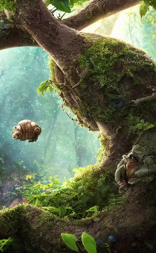 Image similar to microscopic tardigrade, treehouse, magical forest, water bear, futuristic, sharp focus, electric, backlight, furry, soft, concept art, intricate details, highly detailed, photorealistic, disney pixar, octane render, iridescent, global illumination, anime, 8 k