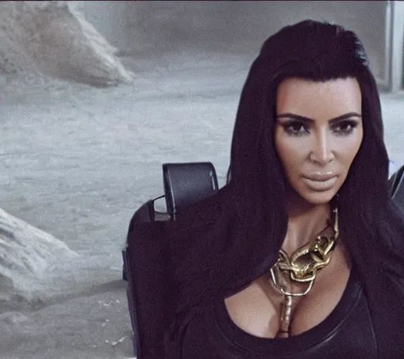 Image similar to a movie still of kim kardashian as a handcuffed prisoner with a chain around her neck bonded to a chair in the movie star wars