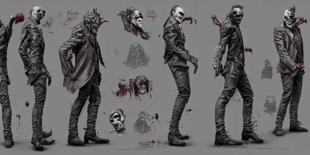 Image similar to scary the joker, character sheet, concept design, contrast, hot toys, kim jung gi, greg rutkowski, zabrocki, karlkka, jayison devadas, trending on artstation, 8 k, ultra wide angle, pincushion lens effect