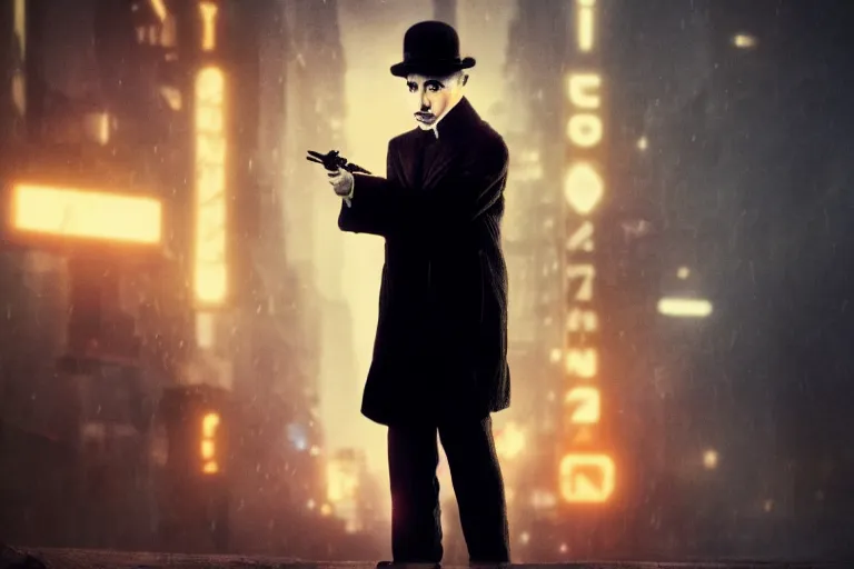 Image similar to Charlie Chaplin in Blade Runner 2049, cinematic, cinematic lighting, sci-fi, cyberpunk, 4k