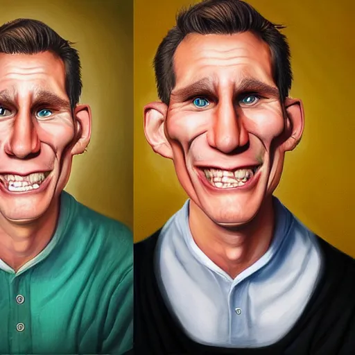 Image similar to Caricature portraits done of Jerma realistic, hyperrealistic, very realistic, highly detailed, very detailed, extremely detailed, detailed, oil painting, digital art, trending on artstation