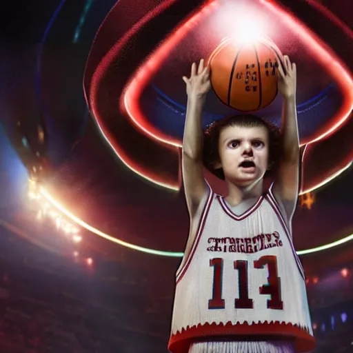 Image similar to eleven from stranger things playing basketball and making a shot in an nba stadium , close up shot, wide angle, lens flares