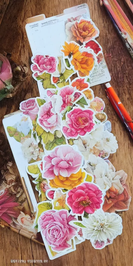 Image similar to beautiful flower, by tran nguyen, warm colors, cozy, etsy stickers, white border, sticker sheet, planner stickers