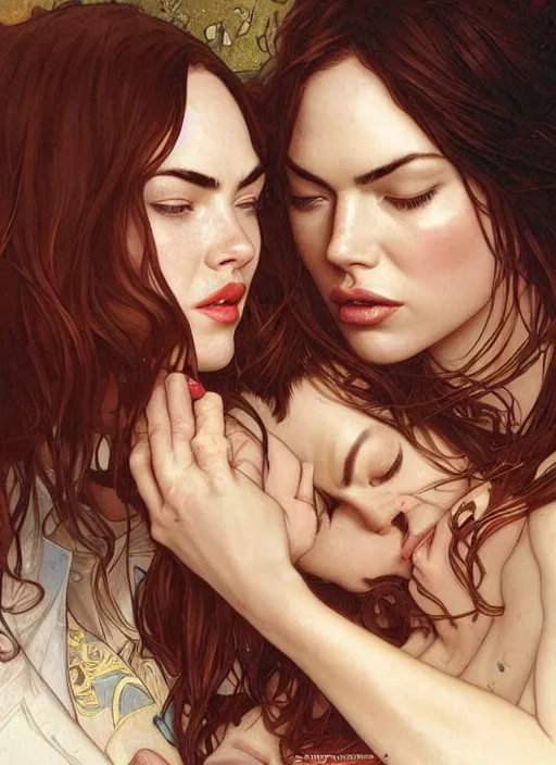 Image similar to megan fox kissing emma stone. beautiful detailed face. by artgerm and greg rutkowski and alphonse mucha