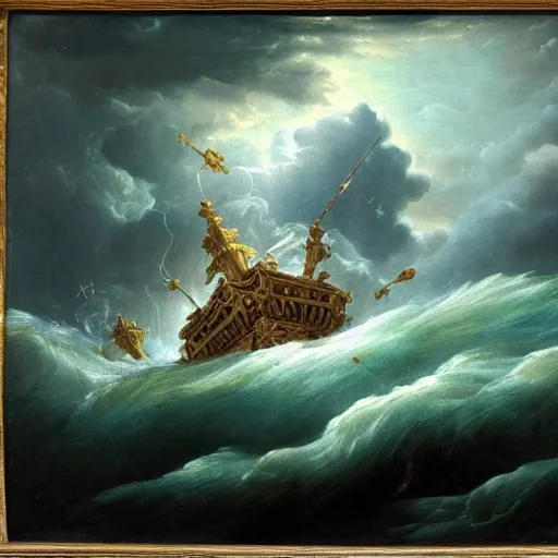 Prompt: an epic and beautiful rococo painting of a water-level view of Noah’s ark with the bow of the ark lifting out of the water in the turbulent swells of a violent stormy ocean. In the distance, a silver disc-shaped alien craft hovers high above the ark, dramatic thunderous sky. breaking light. light particles. ultra-detailed. Anime, pixiv, UHD 8K CryEngine, octane render