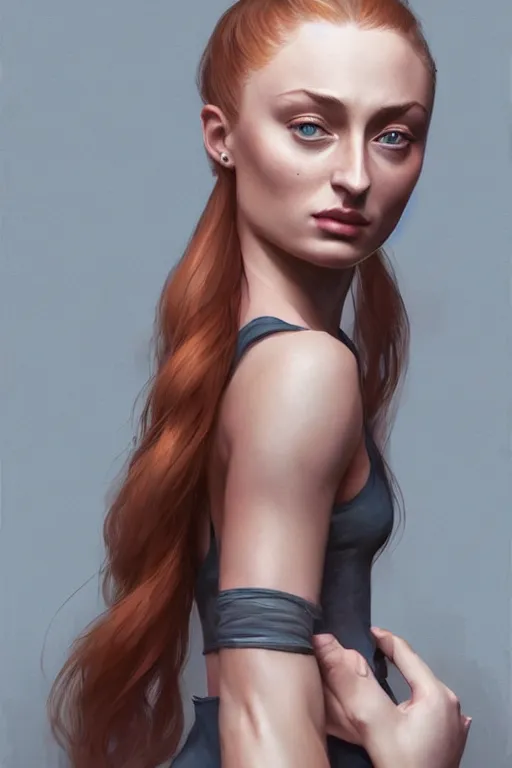 Image similar to Sophie Turner with a ponytail, anatomy, only two hands, highly detailed, digital painting, artstation, concept art, smooth, sharp focus, illustration, Unreal Engine 5, 8K, art by art by artgerm and greg rutkowski and edgar maxence