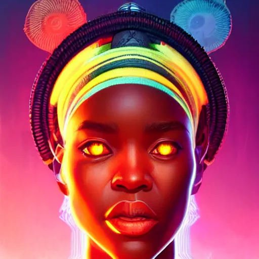 Prompt: african neon necromancer, science fiction, highly detailed, digital painting, beautiful eyes, symmetry, concept art, sharp focus, illustration, global illumination, radiant light, synthwave colors, detailed and intricate environment, art by artgerm and greg rutkowski and magali villeneuve and ilya kuvshinov!