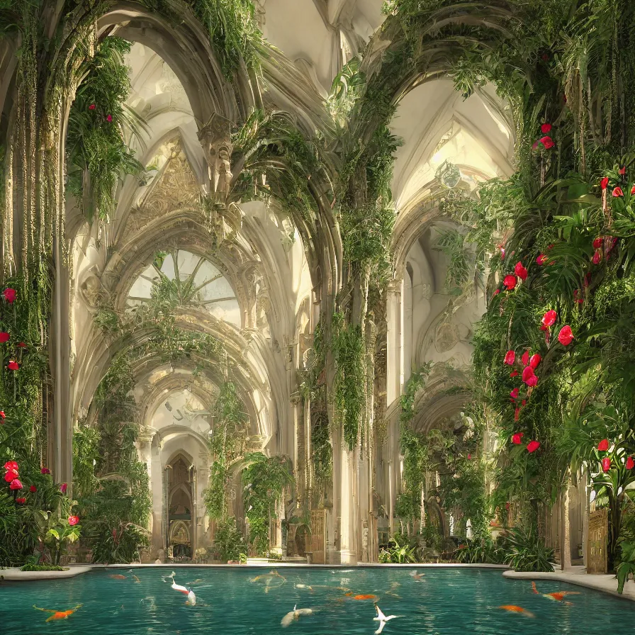 Image similar to beautiful cathedral interior with koi pond in the middle surrounded by palm trees, ivy, flowers, tropical plants, roses, and with archways, rendered in octane render with photorealistic volumetric lighting, cinematic,!! horizontal symmetry!!, a flemish baroque by thomas cole, sanctuary, unsplash contest winner, maximalism, sanctuary