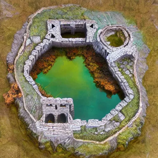 Image similar to top-down birds-eye view of a stone fort sitting above a swamp, detailed, hand-painted, wizards of the coast, top seller popular