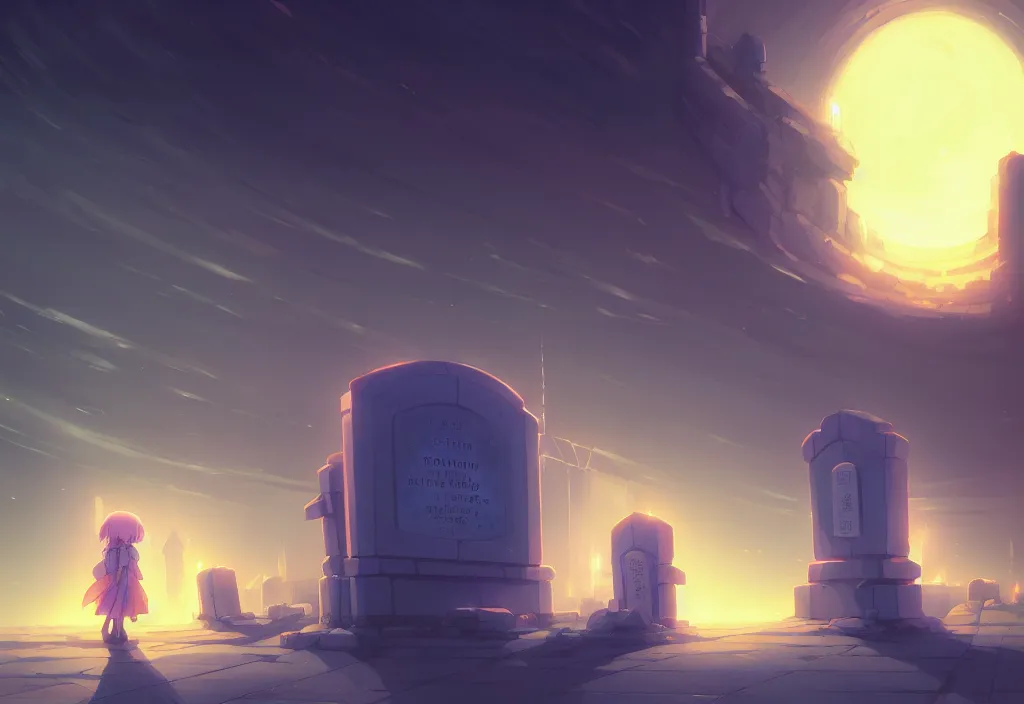 Image similar to a chubby futuristic tombstone at night in a graveyard, intricate oil painting, high detail illustration, sharp high detail, manga and anime 1 9 9 9, official fanart behance hd artstation by jesper ejsing and makoto shinkai, 4 k,