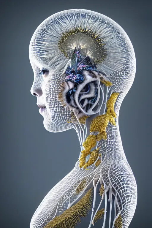 Image similar to intricate hyper detailed ultra sharp 3 d render of a beautiful porcelain biomechanical woman profile portrait, large pore fungi embroidered, rays of shimmering light, cyberpunk art nouveau, haute couture alexander mcqueen silver leaves stems dahlia transparent fractal dandelion yellow pistil filigree roots, octane render, volumetric cinematic lighting, 8 k post - production