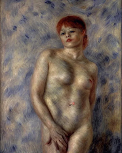 Image similar to draconic humanoid, pudica pose gesture, by renoir, in a white room, ultra - realistic and intricate, hdr 8 k