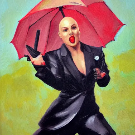 Image similar to oil painting of bald britney about to attack you with an umbrella