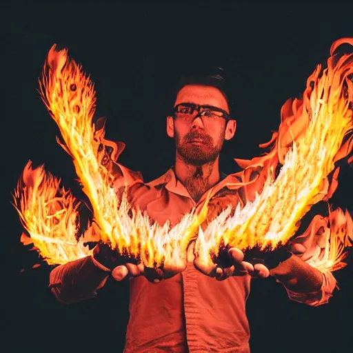 Image similar to photo of a man with flaming black wings and shooting fire out of his hands