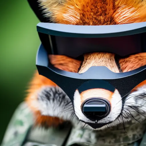 Image similar to a Fox dressed in a modern American military soldier uniform with night vision goggles, 85mm f/1.4