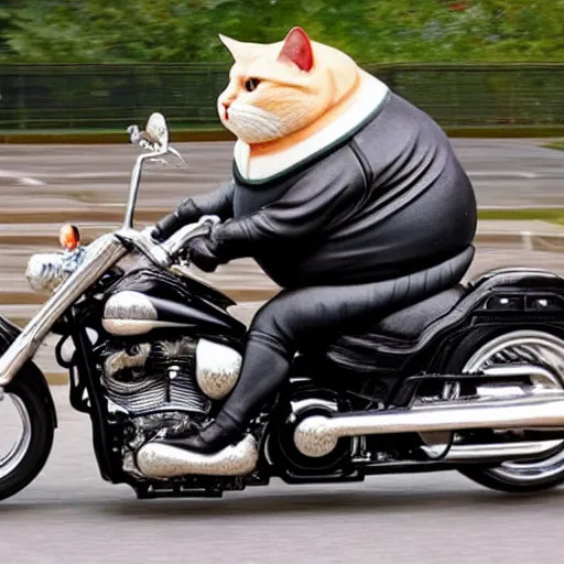 Prompt: a fat cat riding a harley davidson motorbike