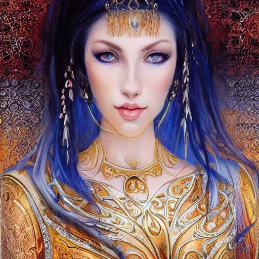 Image similar to a full body beautiful woman wearing a chedda from tlemcen by karol bak, ayami kojima, artgerm, sakimichan, arabian beauty, blue eyes, smile, concept art, fantasy