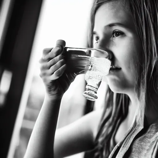 Prompt: macro of a teenage girl holds a glass of fresh water in a modern kitchen, close - up, depth field, advertising photography, cinematic