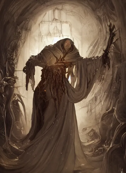 Image similar to coccon sorcerer, physically accurate, moody dynamic lighting, very very intricate, very very elegant, highly detailed, digital painting, artstation, HR GIGER, Hieronymus Bosch, Francis Bacon, concept art, smooth, very beautiful, sharp focus, illustration, art by artgerm and greg rutkowski and alphonse mucha