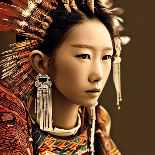 Image similar to vintage portrait of a stunningly beautiful asian tribal female, depth of field, zeiss lens, detailed, symmetrical, centered, fashion photoshoot, by edward s curtis, Annie Leibovitz and Steve McCurry, David Lazar, Jimmy Nelsson, Breathtaking, 8k resolution, extremely detailed, beautiful, establishing shot, artistic, hyperrealistic, beautiful face, octane render