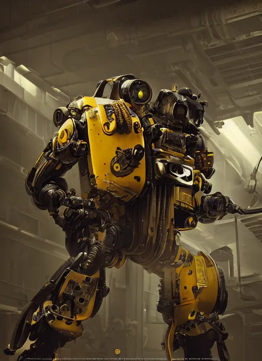 Image similar to a photorealistic dramatic hyperrealistic render of a futuristic exosuit power loader heavy machinery, ultra realistic details, glossy yellow, well worn, rust, oil stains by vitaly bulgarov and mike nash, beautiful dramatic dark moody tones and lighting, cinematic atmosphere, studio lighting, global illumination, shadows, dark background, octane render, 8 k