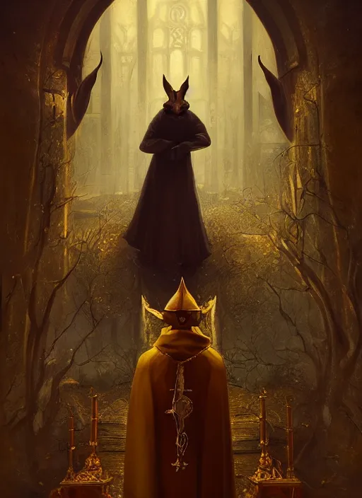 Image similar to surrealistic portrait of anthropomorphic caracal in golden priest clothes wearing vr in orthodox church, bokeh, foggy, dynamic lighting, darkness, ambients, dramatic, foggy, heavy bokeh and blur, cinematic, depth of field, art by bussiere rutkowski andreas rocha