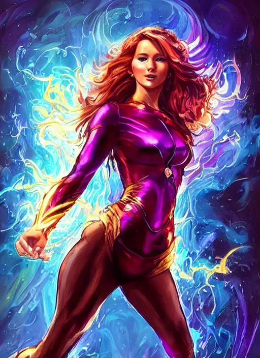 Image similar to front portrait hands behind body pose of attractive Jennifer Lawrence as Starfire with ginger wavy hair, hands behind her body pose!, Intricate overlay flames imagery , D&D!, fantasy style, sharp focus!, ultra detailed, art by Artgerm and Peter Andrew Jones, WLUP