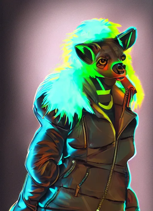 Image similar to cell shaded digital drawing of anthromorphic hyena female, fursona, furry fandom, neon rainy cyberpunk setting, anthro, wearing cyberpunk leather jacket, detailed face,