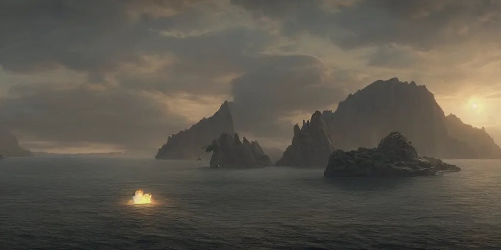 Image similar to screenshot from a movie, epic matte painting of an island, fps, cinematic cinematography masterpiece, skull, greg rutkowski, and ivan aivazovski, roger deakins