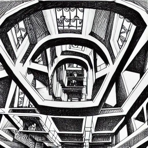 Image similar to a m. c. escher style drawing of fomo