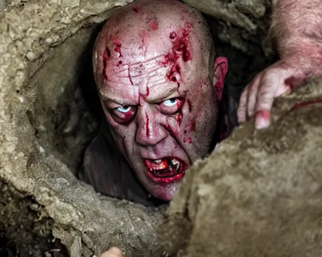 Prompt: zombie dean norris emerging from a grave, movie still, close up