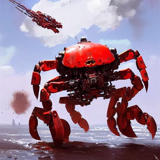 Image similar to giant red mechanical crab with cannon on its back, detailed, military robot, by greg rutkowski and jakub rozalski