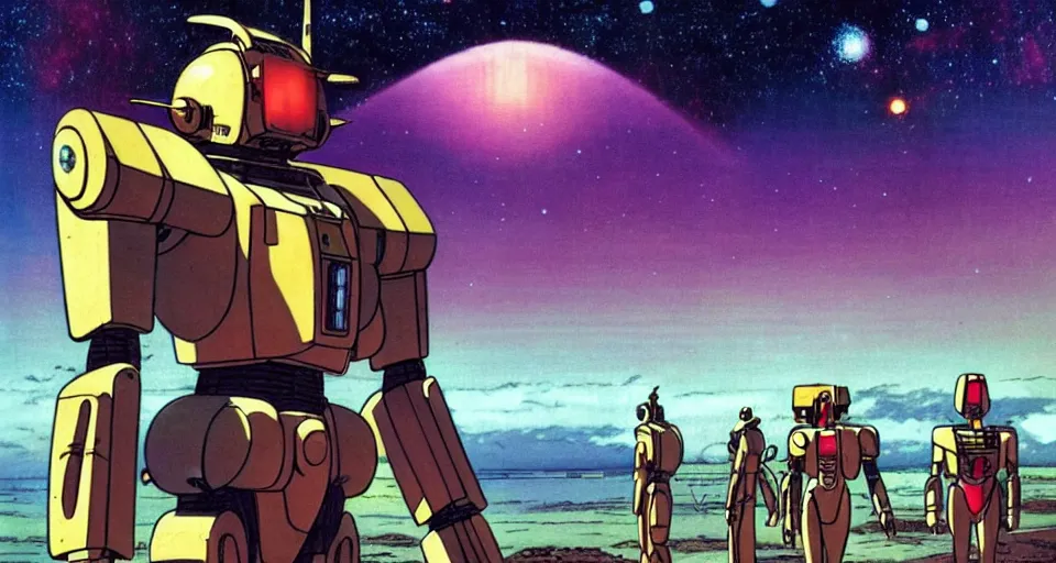 Image similar to a beautiful cinematic view of a walking humanoid mecha on a tropical island paradise, underneath a star filled night sky, warm coloured, gigantic pillars and flowers, maschinen krieger, moebius, star trek, gundam, film, atmospheric perspective