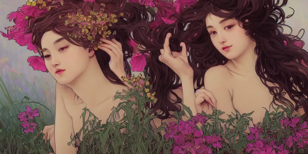 Image similar to a portrait of a very seductive young woman, hair full of gigantic flowers and tentacles, photoillustration, realistic, closeup, facing the camera, dramatic lighting, in the style of WLOP and Alphonse Mucha and Kim Deuk-sin