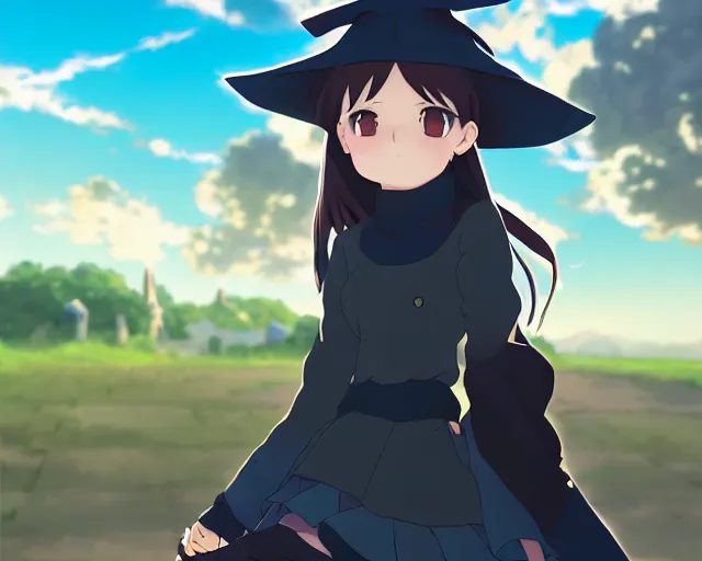 Prompt: key anime visual portrait of a young female in a village, dynamic pose, dynamic perspective, cinematic, dramatic lighting, muted colors, detailed silhouette, textured, finely detailed eyes, anime proportions, little witch academia