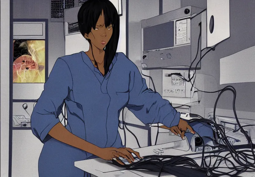 Image similar to dark skin woman wearing a white lab coat with a blue wolf haircut, body connected to wires and connected to 1 9 8 0 s computers, painted by yoshitoshi abe and makoto shinkai, in the style of serial experiments lain, dynamic lighting, dark ambience, 3 5 mm, cell - shaded, detailed face, retro