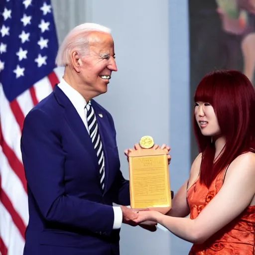 Image similar to joe biden giving asuka the medal of honor, photograph by, 4 k