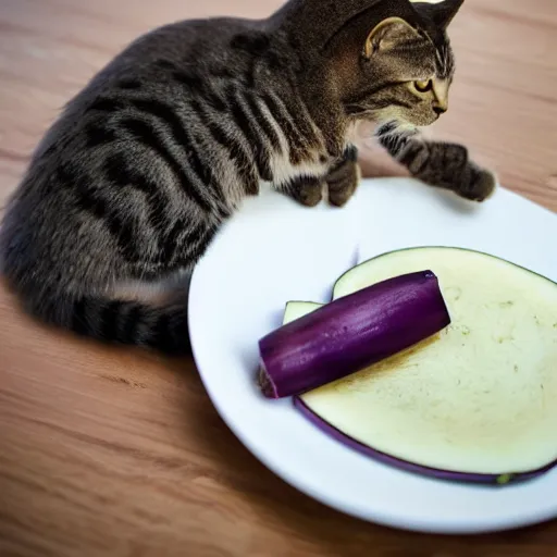 Image similar to a cat eating an eggplant on a plate, realistic, 8 k