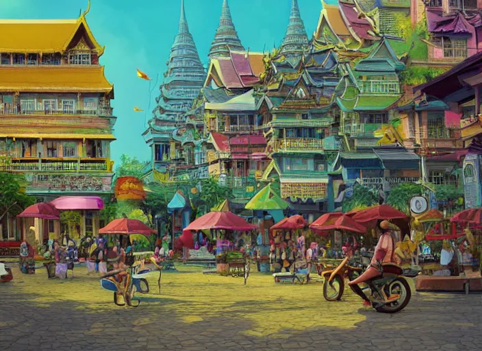 Image similar to bangkok townsquare, summer morning, very coherent and colorful high contrast, art by gediminas pranckevicius, geof darrow, dark shadows, hard lighting