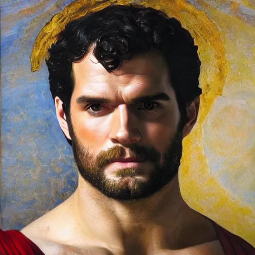 Prompt: Oil painting of the handsome Henry Cavill, he is wearing ancient greek cloths, naturalism, dramatic lighting, high-detailed oil painting by Ilya Repin, Michelangelo da Caravaggio, William Blake, Alex Grey and Beksinski, trending on Artsatio, masterpiece, 4k, 8k,