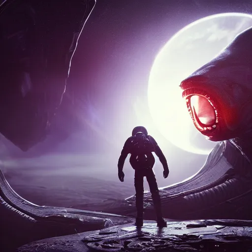 Image similar to a horrified man on a spaceship face to face with an alien from another galaxy, volumetric lighting, 8 k octane beautifully detailed render, post - processing, extremely hyper - detailed, intricate, epic composition, cinematic lighting, masterpiece, trending on artstation, detailed detailed detailed, masterpiece, beautiful cinematic light,