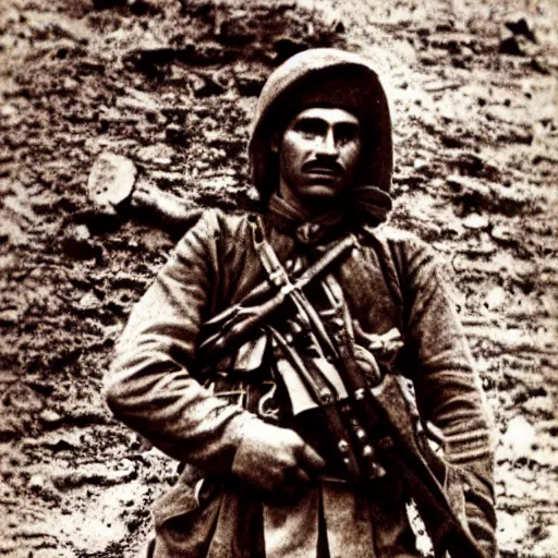 Prompt: Kurdish soldier, ww1 trench, war photo, film grain, award winning photo